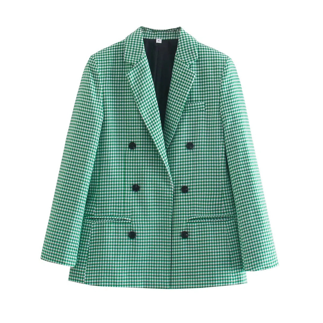 Autumn Winter Vintage Single Breasted Long Sleeve Plaid Women Padded Shoulder Blazer