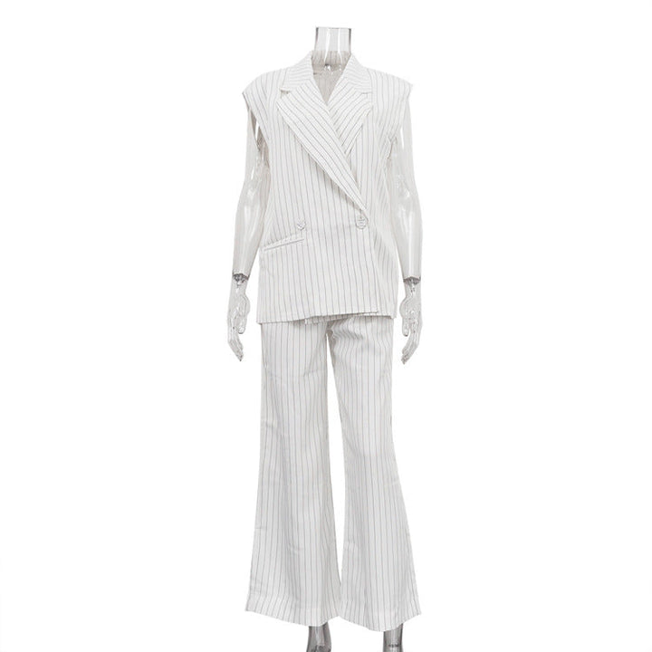 Striped Vest Women Collared Sleeveless Top Wide Leg Pants Office Two Piece Sets