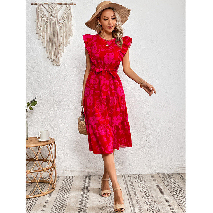 Summer Printed round Neck Ruffled Short Sleeve One Piece Dress for Women