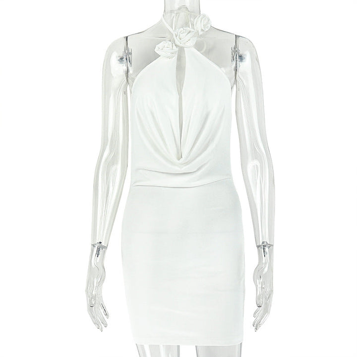 Solid Color Women Slim Fit Street Sleeveless Design Hip Dress Hanging Collar Short Sleeveless Dress