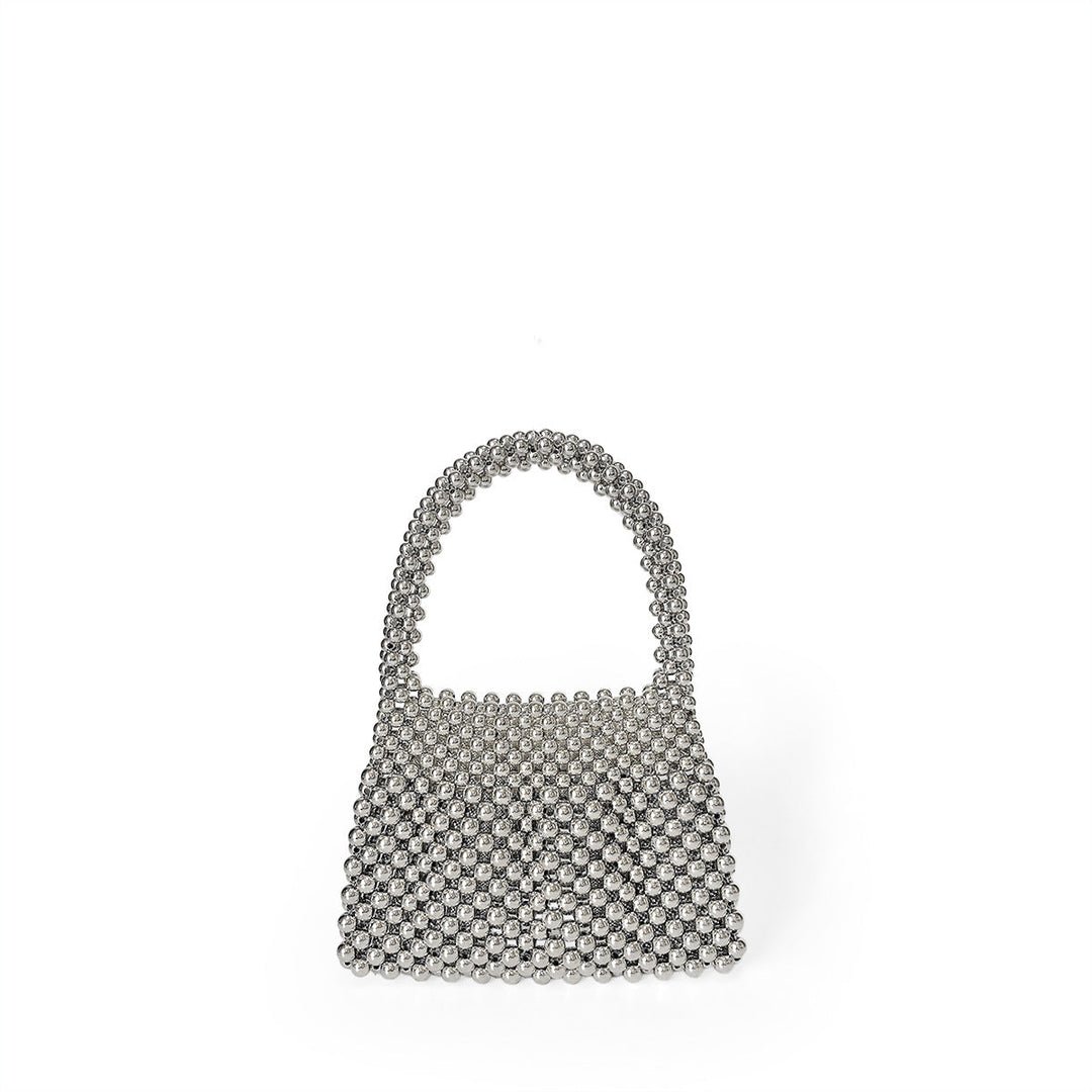 Celebrity Same Niche Vintage Metal Portable Bright Silver Generous Handmade Beaded Production Sparkle Silver Pearl Bag