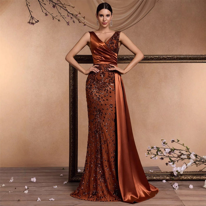 Elegant Sequin Stitching Fit V neck Sleeveless Elegant Gorgeous Noble Cocktail Party Formal Dinner Dress