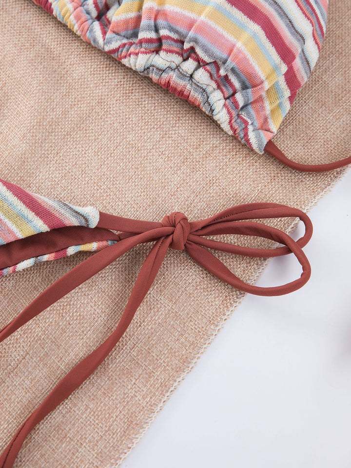 Fresh Color Striped Bikini Swimsuit Overskirt