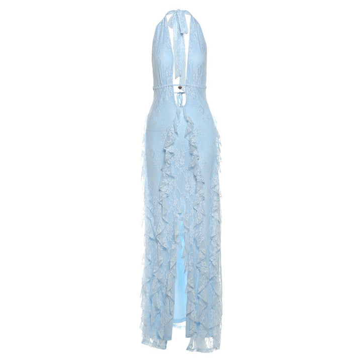 Women Clothing Summer Elegant Sexy Deep V Plunge neck Hollow Out Cutout Halter Lace up Lace Split Dress