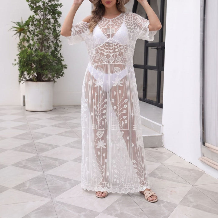 Women Summer Beach Dress Solid Color Sexy Lace Swimsuit Blouse Sun Protective Clothing