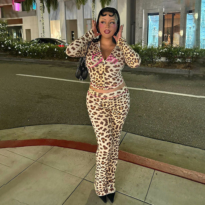 Summer Pattern Print Hooded Cardigan Top Leopard Print High Waist Tight Trousers Suit Women