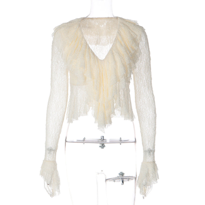Women Clothing Summer Pure Sexy V neck Lace See through Flare Sleeve T shirt Top
