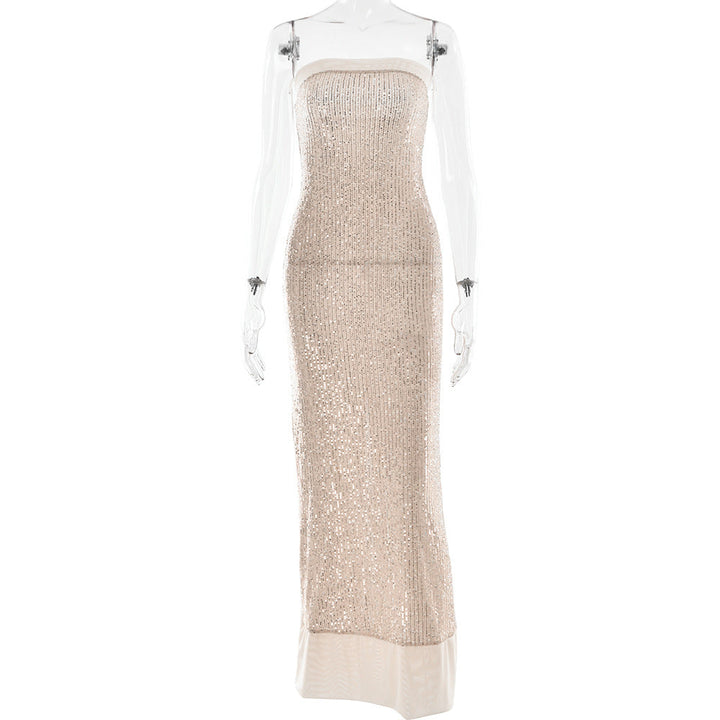 Sexy Women Clothing Evening Dress Elegant Bandeau Slim Fit Maxi Dress Sequined Split Backless Dress