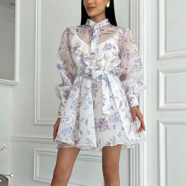 Women Elegant Stand Collar Long Sleeve Lace Printing A line Cami Dress