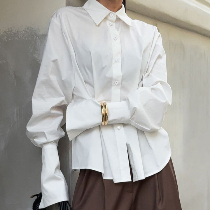 Court White Cotton Shirt Women Light Luxury Pleat Waisted Slim-Fit Long-Sleeved Collared Shirt