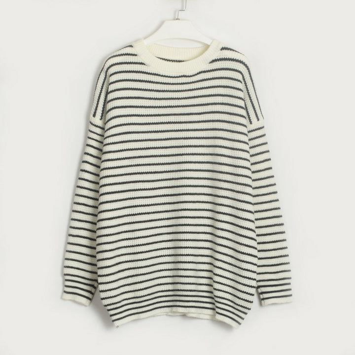Women Clothing Striped All Matching round Neck T shirt Simple Casual Loose Sweater