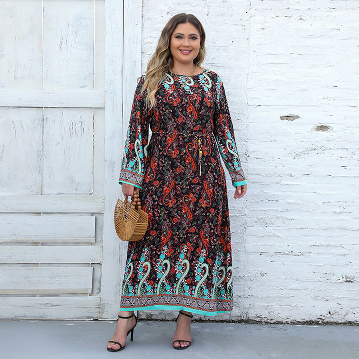 Plus Size Ethnic Loose Maxi Dress Cashew Printed Long Sleeve Dress
