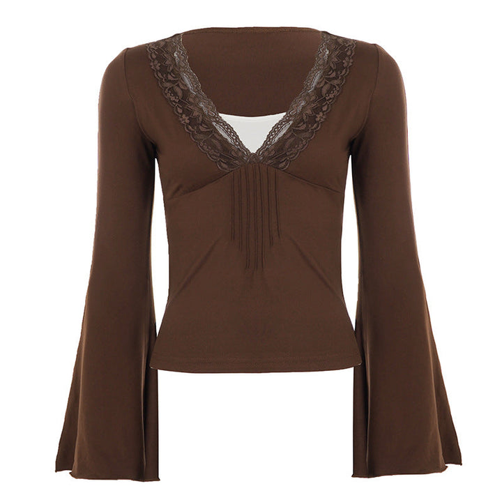 Retro Lace V neck Patchwork Split Faux Two Pieces Flare Sleeve T shirt Millennium Sexy Waist Controlled Top