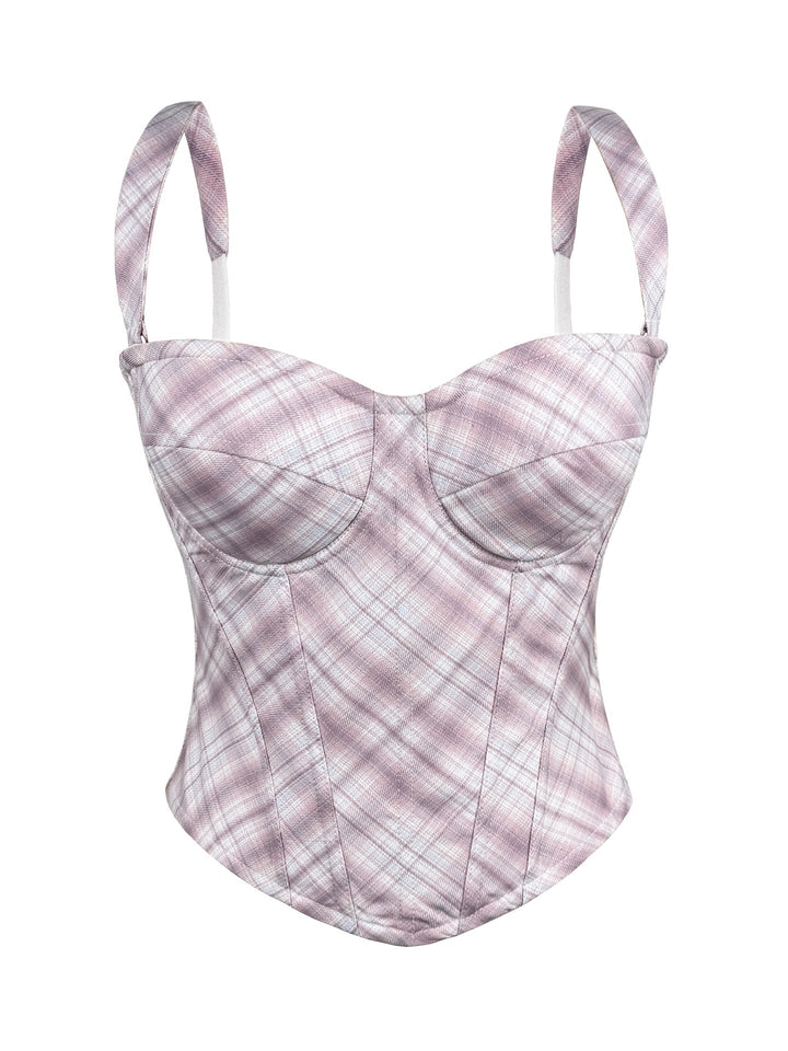 Summer Plaid Boning Corset Bra Chest Pad Outer Wear Daily Casual Camisole Slim Fit Slimming Boning Corset Top for Women