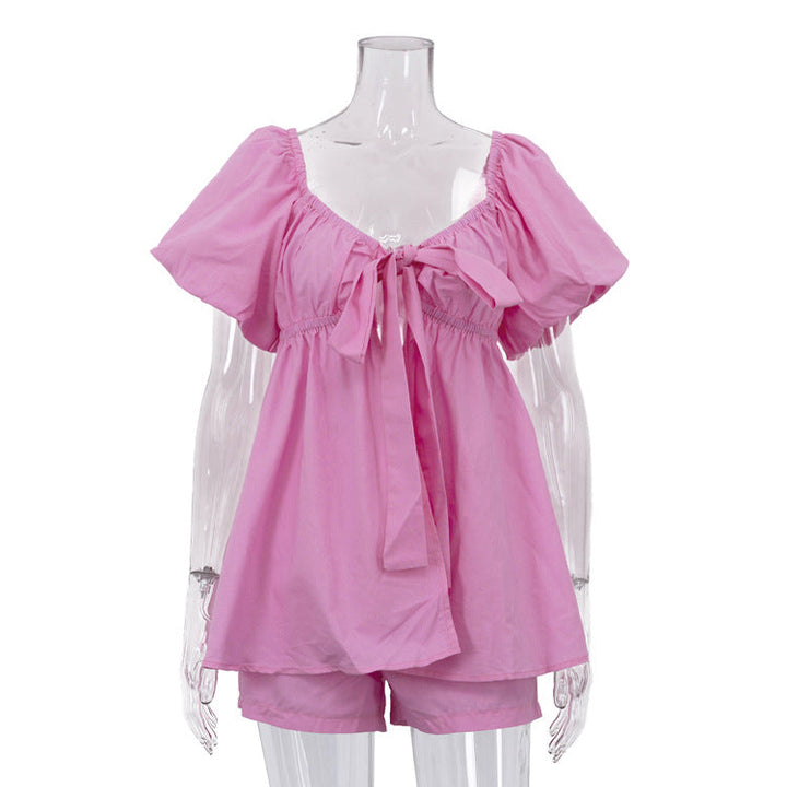 Casual Women Summer V neck Puff Sleeve Lace up Top Loose Shorts Two Piece Sets
