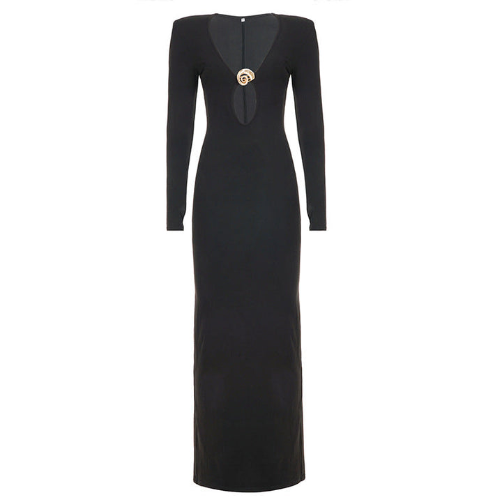French Sexy Hepburn Niche V neck Metal Buckle Decorative Sexy Slimming Sheath Dress Maxi Dress