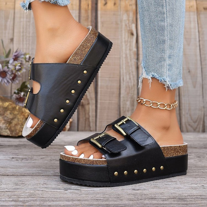 Thick Bottom Boken Rivet Slippers Women Outer Wear Metal Buckle Muffin Bottom Sandals