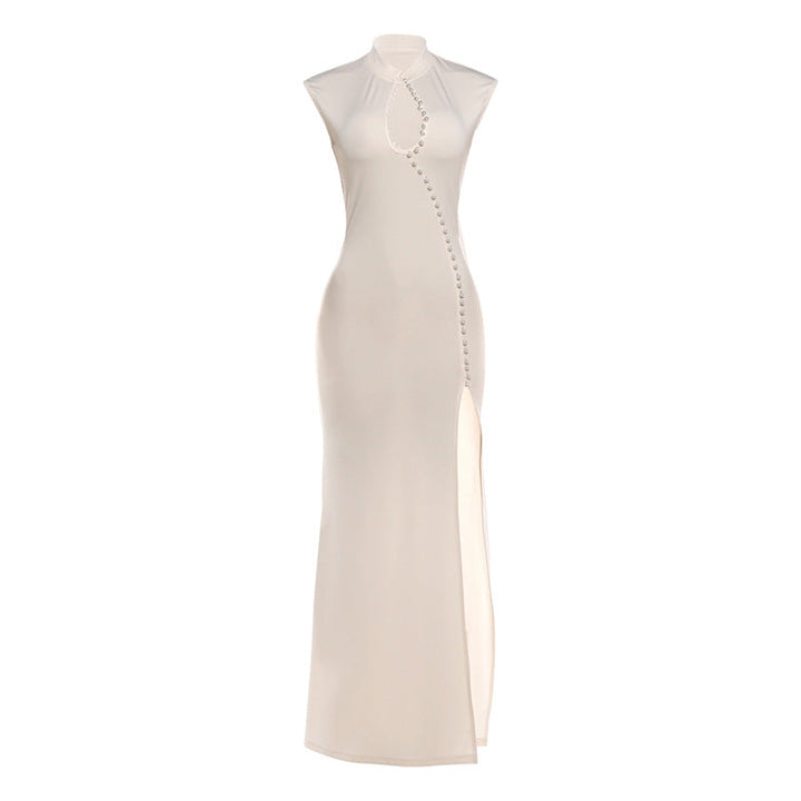 Summer Women Stand Collar Sexy Cutout High Slit Mop Dress