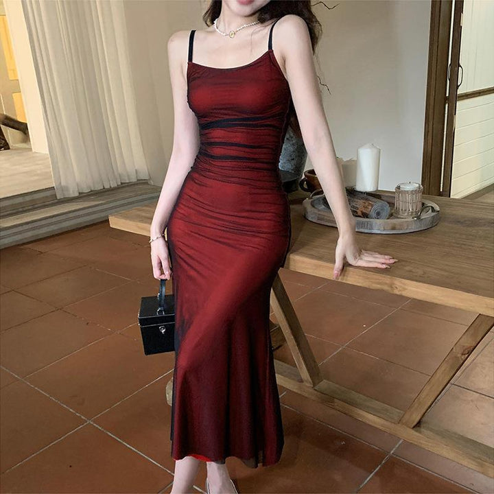 Women Contrast Color Suspenders Dress Summer Sexy Slim Fit Pure Dress for Women