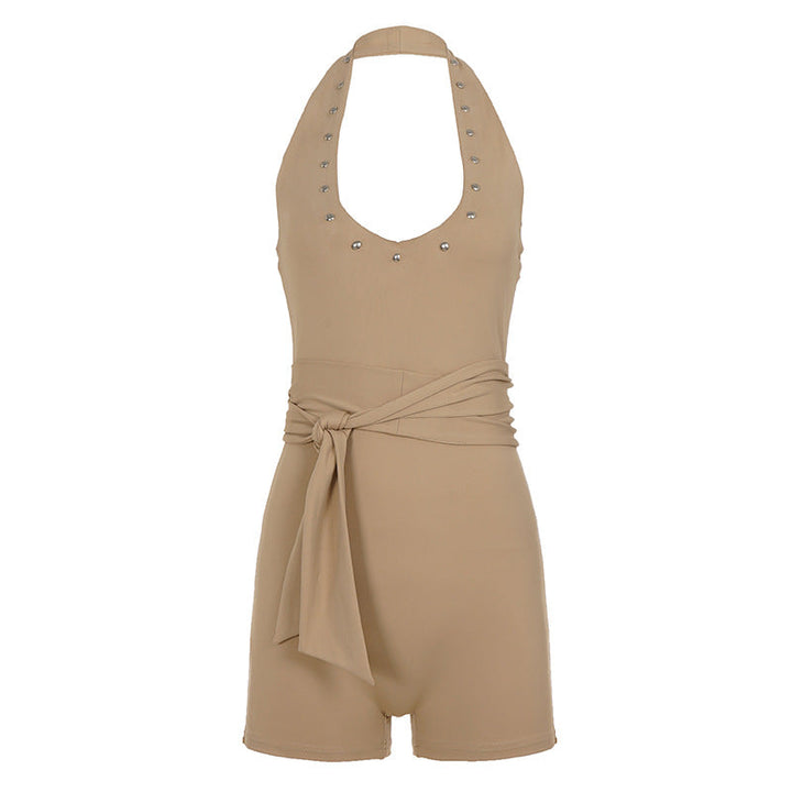 Rivet Halter Women Sports Casual Yoga Workout Clothes Waist Trimming Lace up Slim Fit Slimming Shorts Rompers