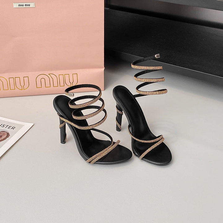 Summer Snake Shaped Rhinestone High Heel Shoes Internet Celebrity Fairy Winding Stiletto Sandals Women