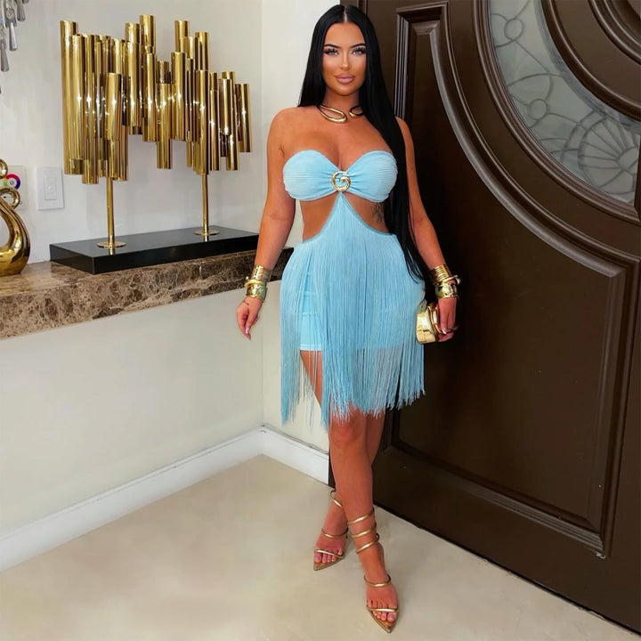 Women Tube Top Tassel Skirt Nightclub Party Dress
