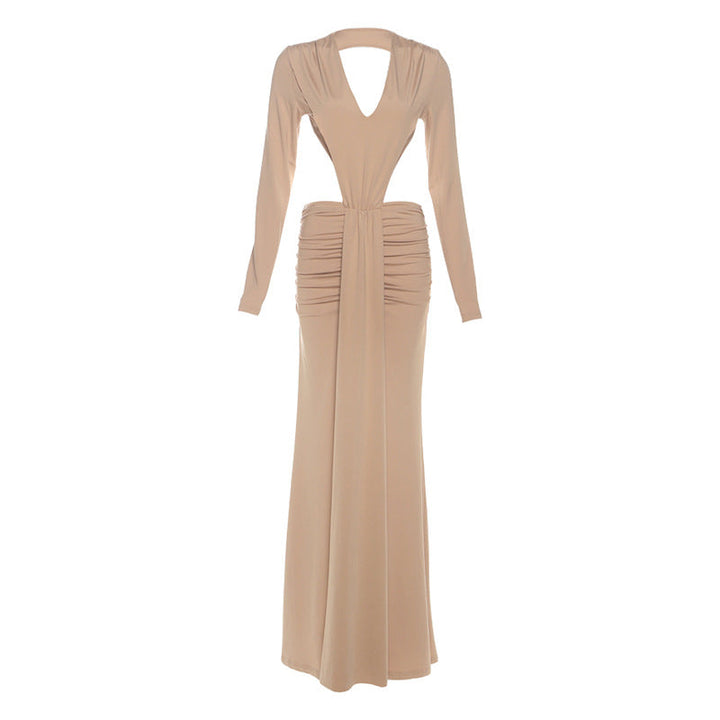 Fall Women Clothing Solid Color V-neck Sexy Backless Long Sleeves Split Pleated Dress