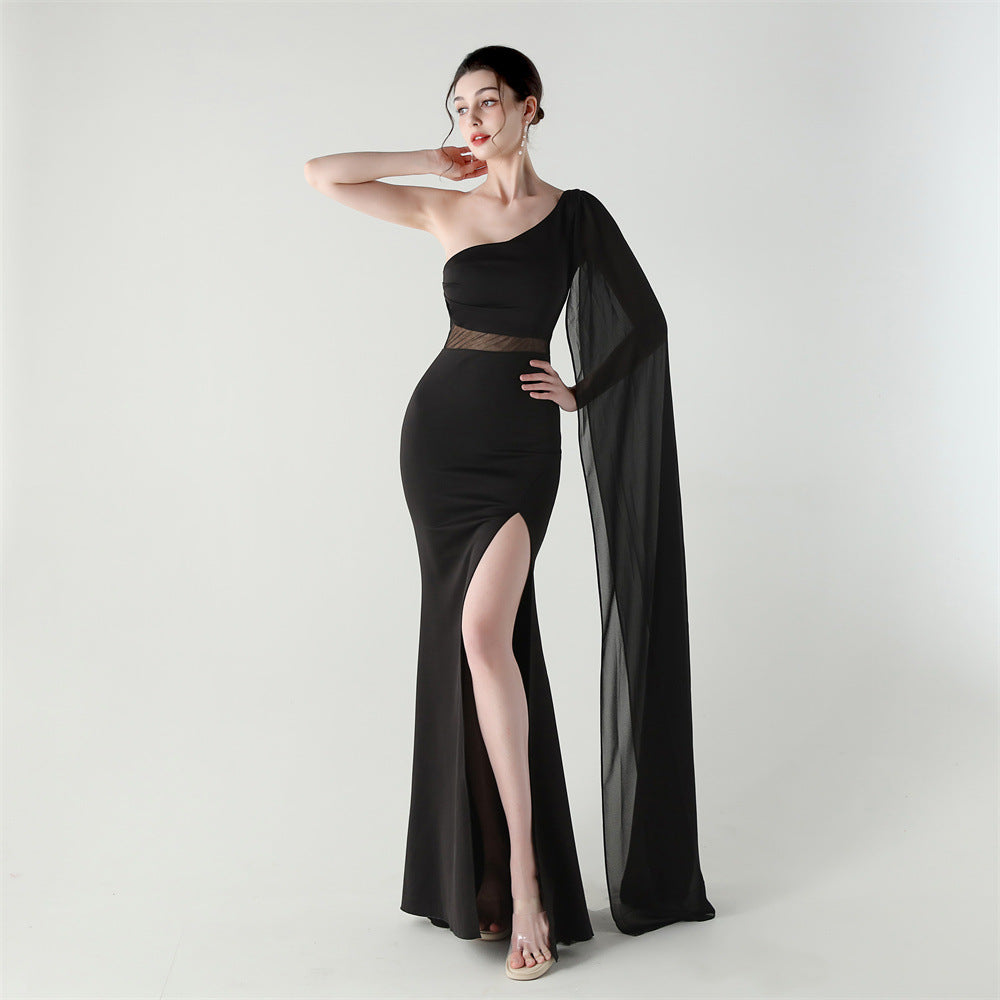 Single Shoulder Crossbody Stitching Mesh Design Satin Slim Cocktail Dress Evening Dress