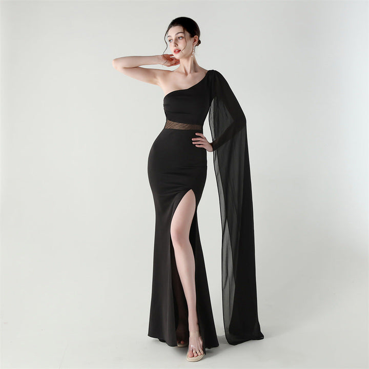 Single Shoulder Crossbody Stitching Mesh Design Satin Slim Cocktail Dress Evening Dress