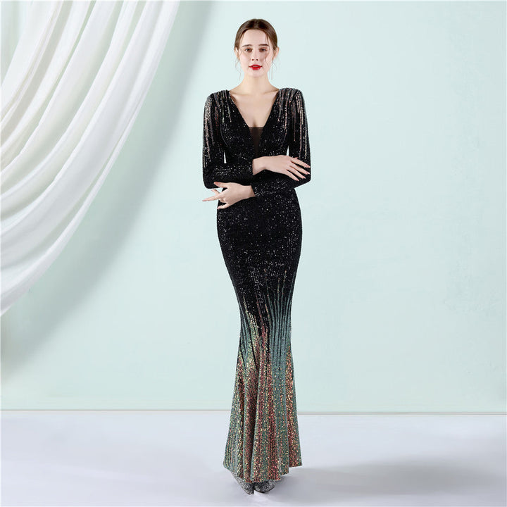 Gradient Sequin Long Sleeve Evening Dress Spring Summer Long Sequ Dress Toast Dress