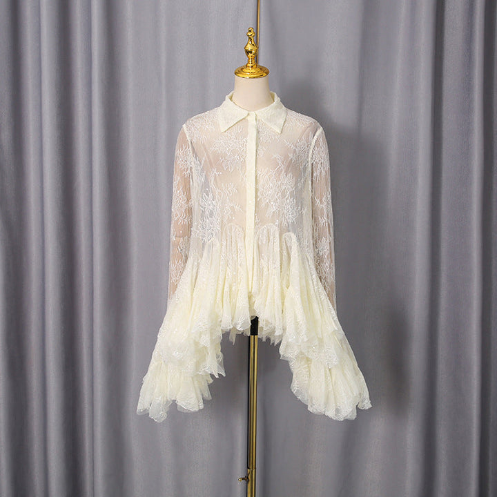 French Sexy Short Dress Spring Polo Collar Single Breasted Waist Controlled Slimming Long Sleeve Lace Stitching Dress