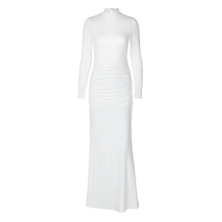 Women Clothing Autumn Solid Color Long Sleeve Slim Fit Fishtail Dress Button Backless Dress Women