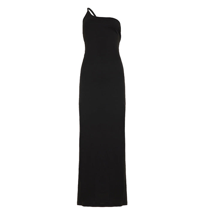Sexy Lace up Big Back Exposure Dress Design Solid Color One Shoulder Slim Fit Maxi Dress