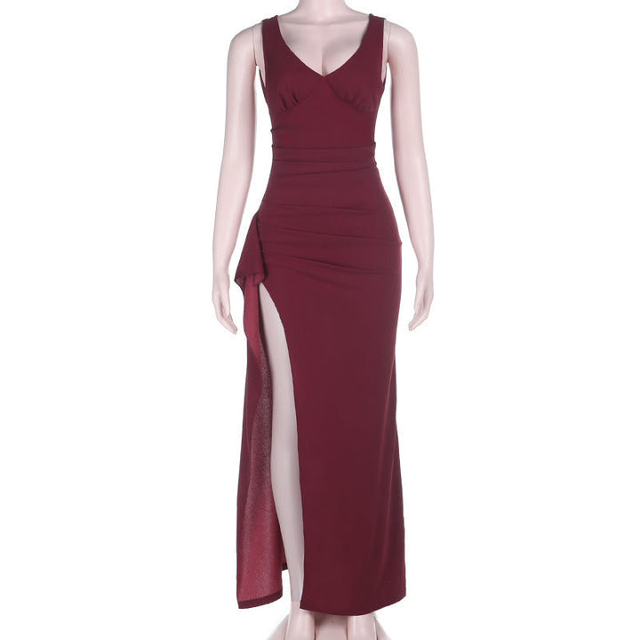 Spring Summer Elegant Socialite Design Show Chest V neck Slit Formal Dress