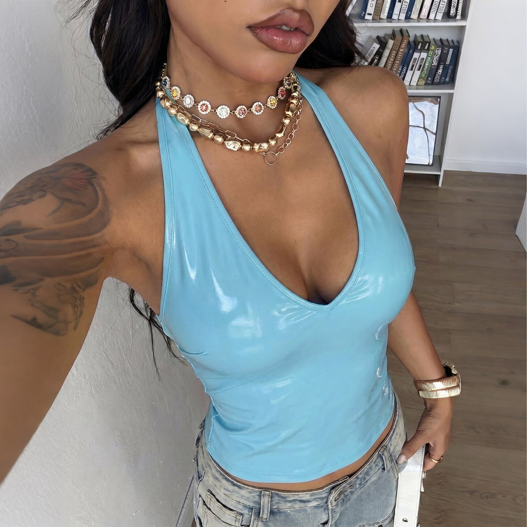 Summer Women Solid Color Sexy Sleeveless Halter Vest Faux Leather Slim Tops