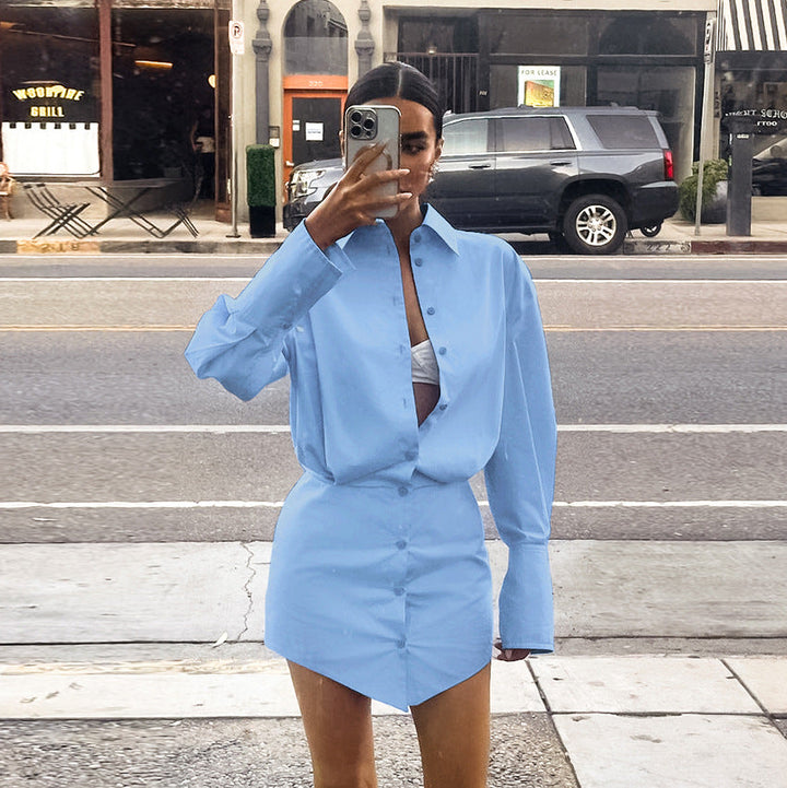Spring Summer Comely Blue Loose Fitting Collared Shirt Sleeve Sheath Slim Dress Pencil Women