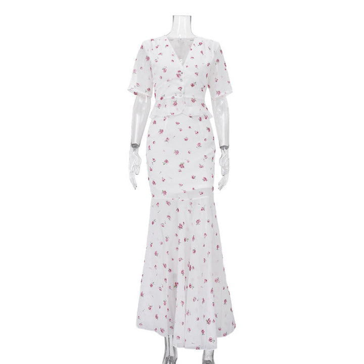 V neck Short Sleeve Cardigan Top Hip Skirt Two Piece Set Summer Printed Skirt Set for Women