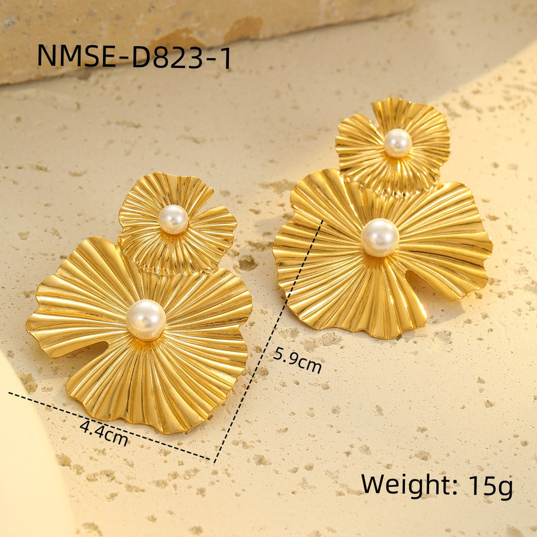 Gold Titanium Steel Petal Pearl Non Fading Stainless Steel Earrings Earrings