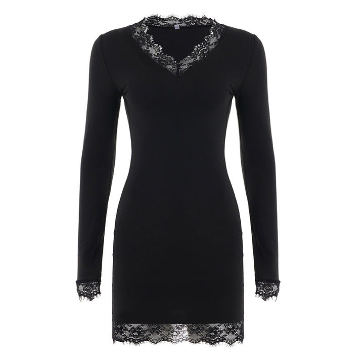 Sexy Lace Stitching V neck Long Sleeve Dress Women Elegant Slim Bottoming Solid Color Dress