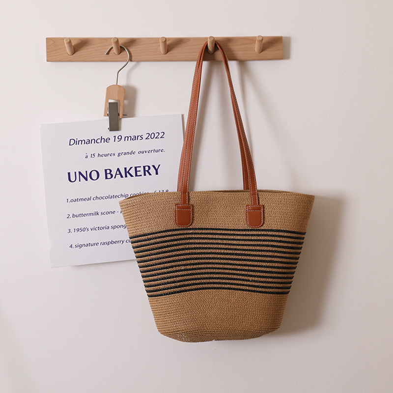 Simple Shoulder Straw Bag Woven Bag Summer Large Capacity Casual All Match Women Seaside Beach Rattan Woven Bag
