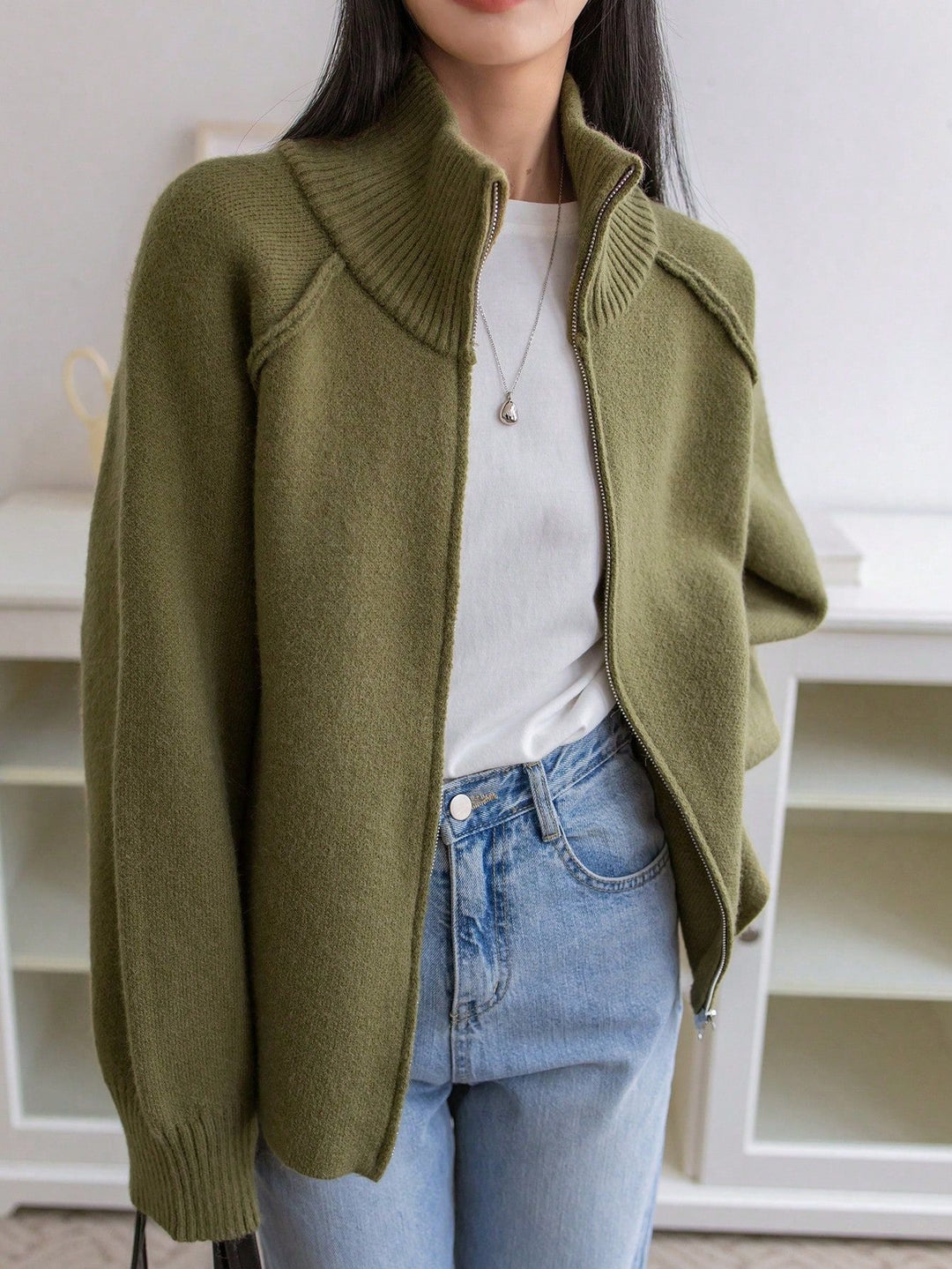 Lazy Sweater Coat Women Autumn Winter Korean Solid Color Stand Collar Zipper Knitted Cardigan Top
