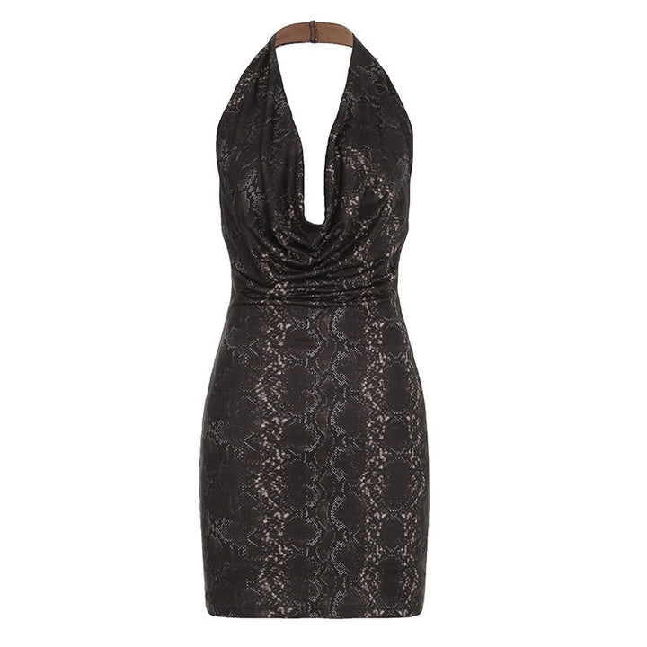 Metallic Glossy Features Swing Collar Sleeveless Halter Dress Backless Sheath Sexy Dress