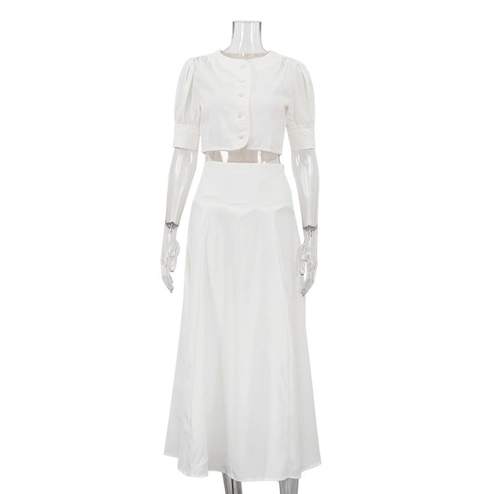 Women Clothing Satin High Grade Skirt Set round Neck Short Sleeve Cardigan Top Elegant Two Piece Set