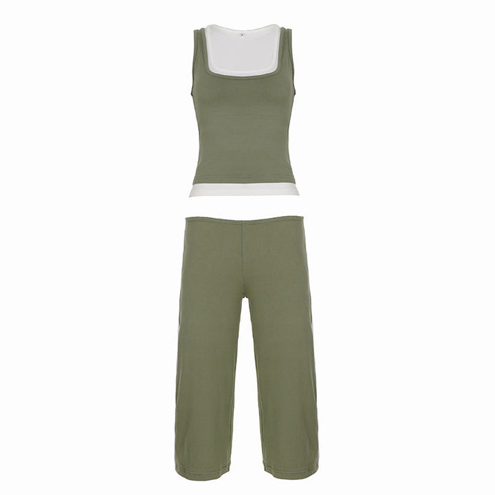 Sports Casual Contrast Color Retro Fitness Basic Vest Cropped Pants Two Piece Sets