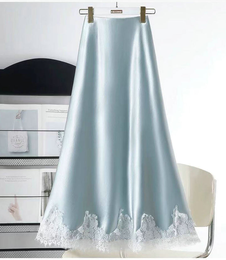 Western Lace Stitching Silk Skirt Spring Draping Glossy A line Midi Skirt Women
