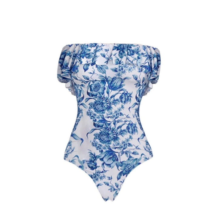 Bikini Blue Color Floral Vacation Split Swimsuit Women
