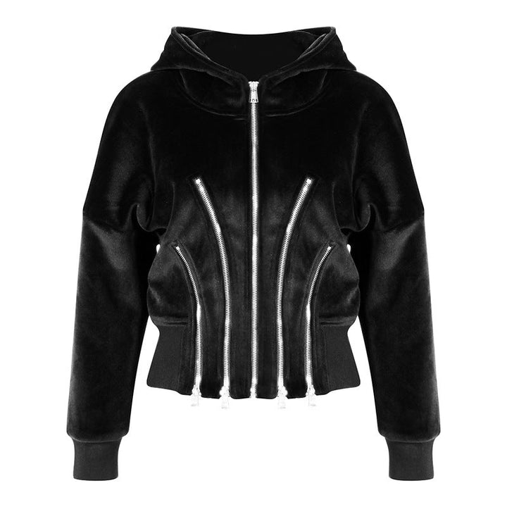 Gold Velvet Hooded for Women Autumn Thickened Composite Multi Metal Zipper Split Waist Trimming Women