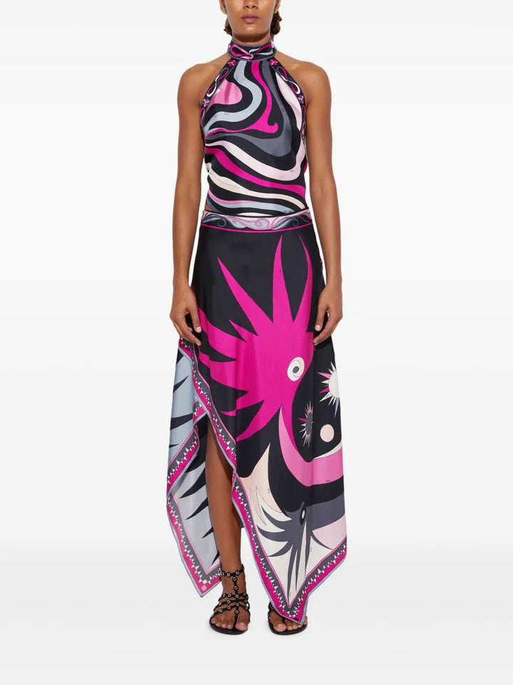 Printed Satin Halter Backless Top Irregular Asymmetric Skirt Two Piece Sets