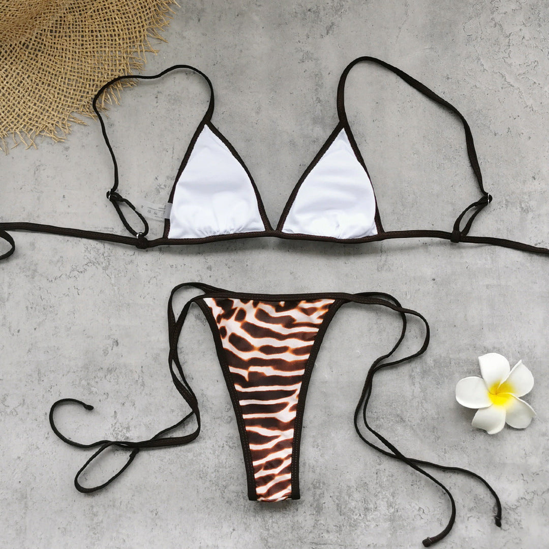Women Three Point Bikini Mesh Trousers Leopard Print Printed Sexy Backless Split Swimsuit