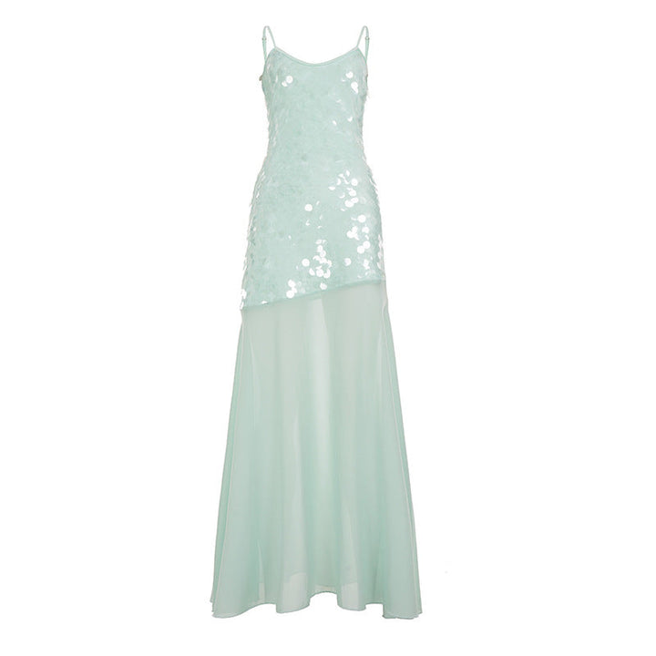 Seaside Mermaid Sequin Sling Maxi Dress Evening Dress Women Sexy Backless Dress Stitching Dress Women